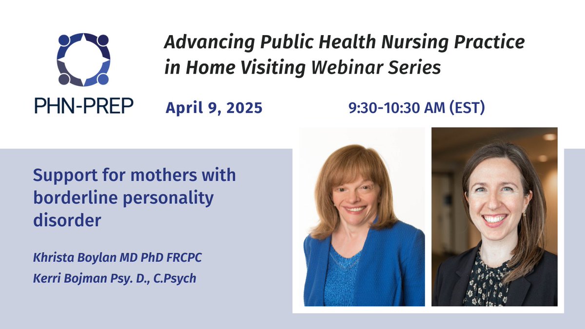Registration is NOW open for the PHN-PREP webinar on April 9th, 9:30-10:30am EST. This webinar will provide an overview of Borderline Personality Disorder and approaches to managing common scenarios when working with clients during home visitation shorturl.at/iBQ61