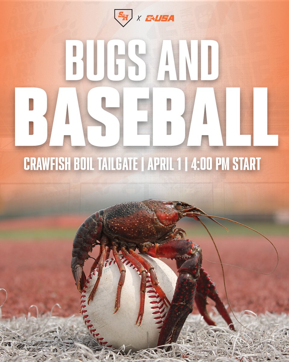 Tuesday April 1st - FREE Crawfish and beer for students pregame at the tailgate party on Bowers Blvd. at 4:00, and even more free crawfish during the game on the right field grass berm.

⚾ vs Rice 🦉
📆 April 1
🕓 4:00 tailgate, 6:00 first pitch
 
#EatEmUpKats