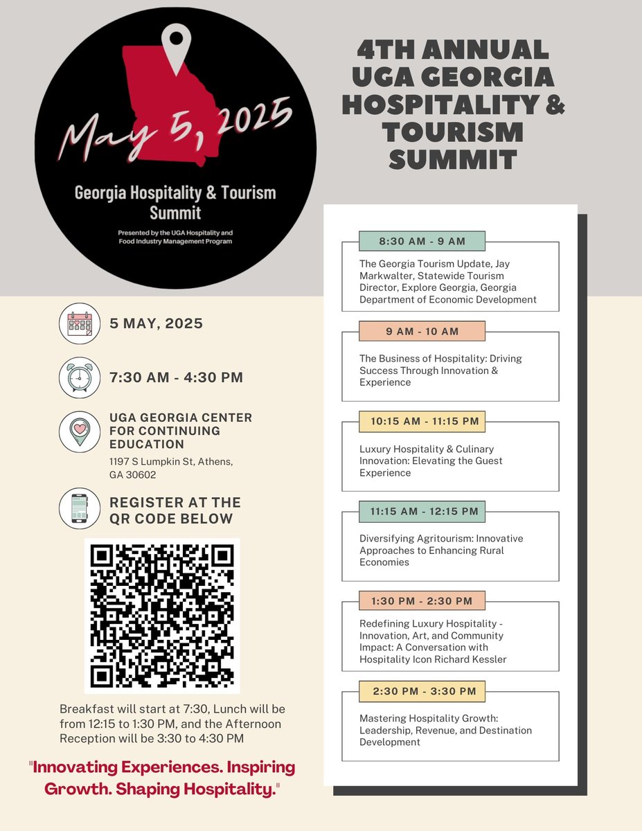 The future of hospitality starts here.

Join industry trailblazers at the 2025 UGA GA Hospitality &amp; Tourism Summit – May 5, Athens, GA.
📈 Strategy. Innovation. Leadership.
📘 Explore the full program + register: ow.ly/fgrY50VpTA2