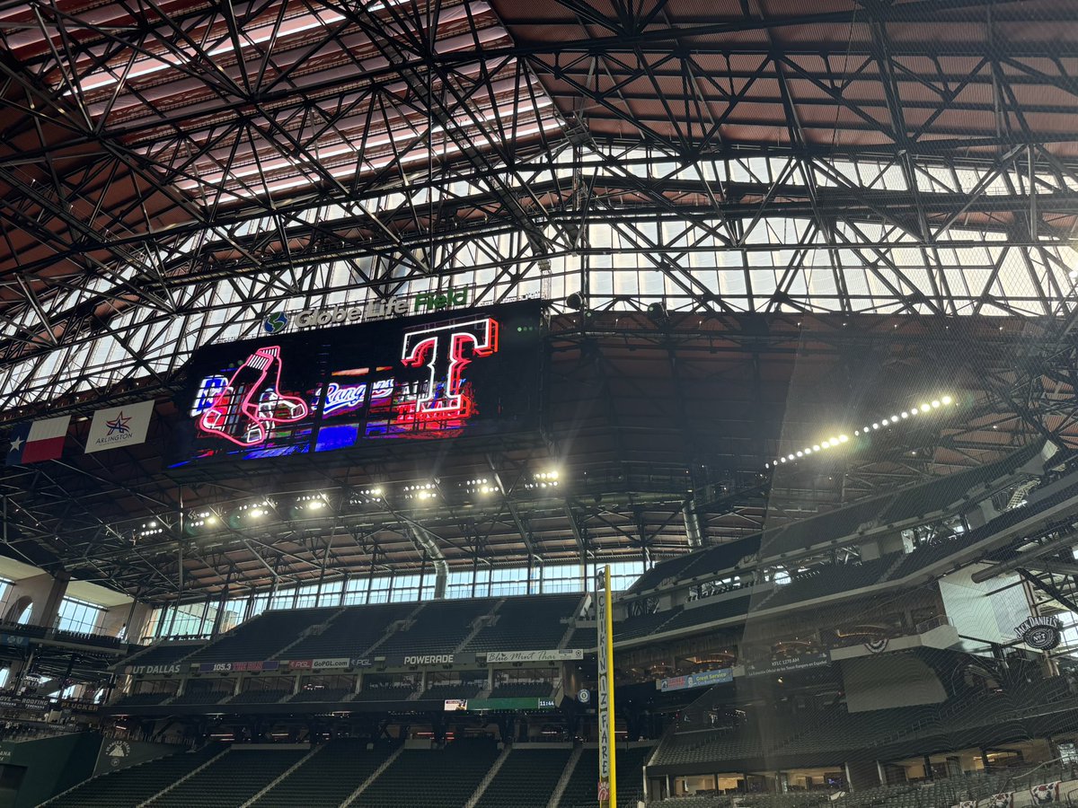 MikeLeslieWFAA's tweet photo. I checked with the Rangers - the banner for the 2023 World Series that was hung above right field was never intended to be permanent. 

It has been taken down. The permanent representation of the 2023 Championship is the white placard above left field, that sits next to all the other postseason accomplishments of season’s past.