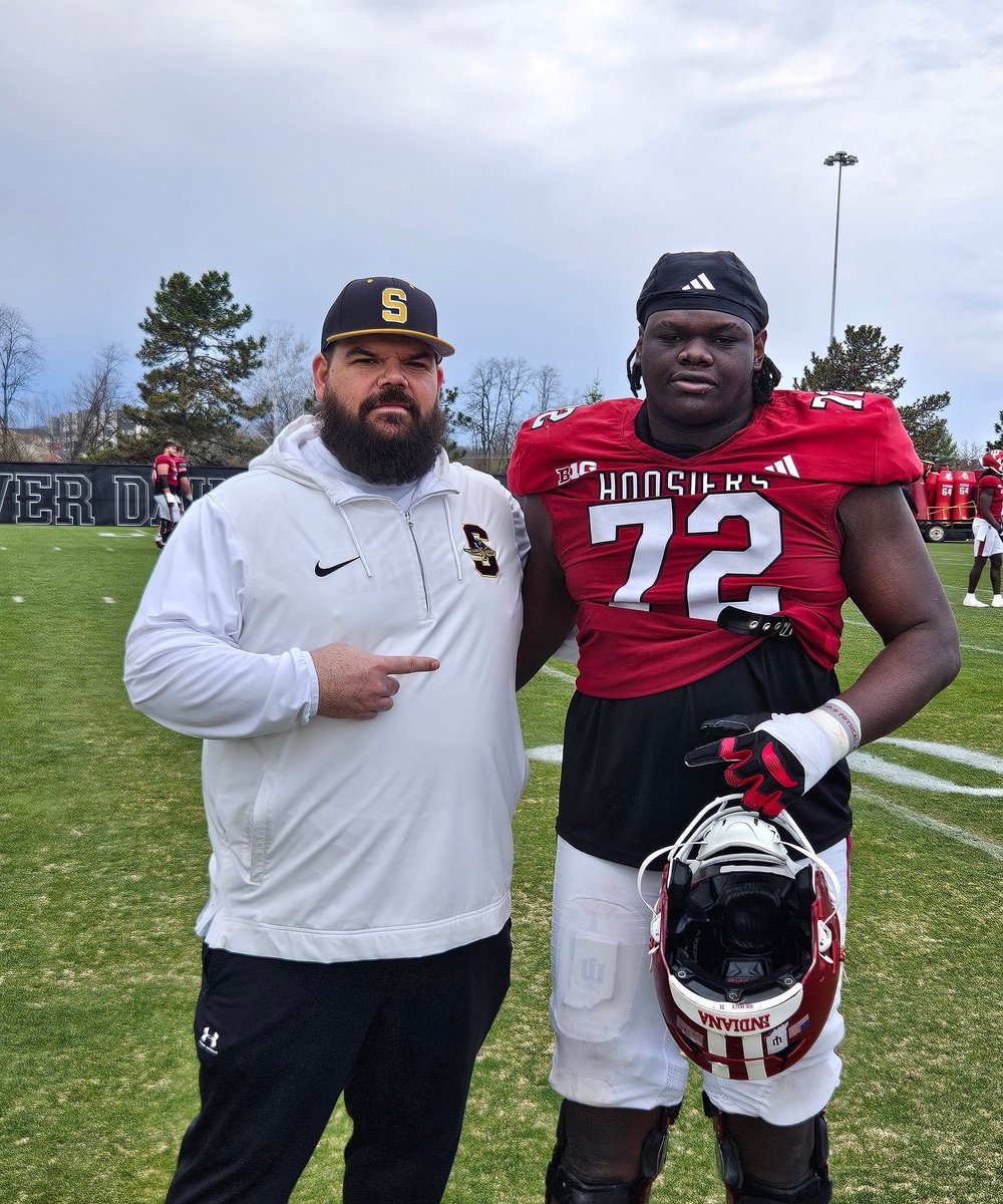 CoachB_54's tweet photo. Great day back in Bloomington! Took our OL coaches down 2 watch @IndianaFootball do it right! Practice on point, with no wasted time. Station 2 station. NO CLOCK! Awesome 2 see my guy @adedamola_ajani working hard. Couldn't ask 4 a better representation of @SparkplugFB #BAMSquad https://t.co/guarm5uANf