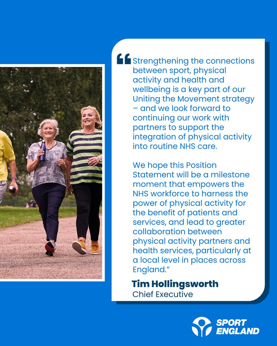 Sport England (@sport_england) on Twitter photo Harnessing the benefits of physical activity
Our CEO <a href="/tphollingsworth/">Tim Hollingsworth</a> welcomes the new NHS England position statement on physical activity.
The new webpages provide a range of resources for health and care professionals in England and highlight the benefits and evidence base Harnessing the benefits of physical activity
Our CEO <a href="/tphollingsworth/">Tim Hollingsworth</a> welcomes the new NHS England position statement on physical activity.
The new webpages provide a range of resources for health and care professionals in England and highlight the benefits and evidence base