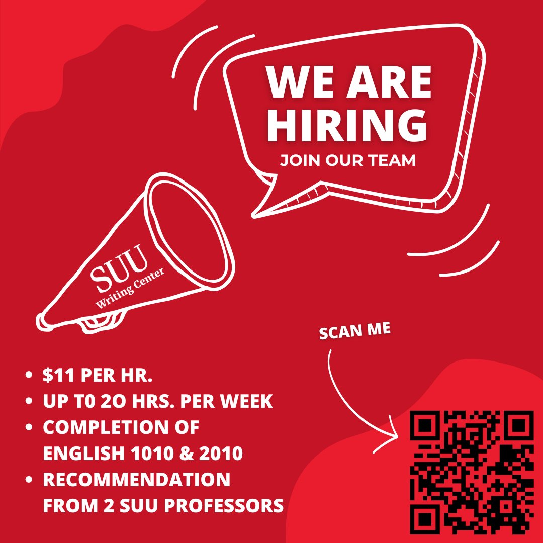 suu_writing's tweet image. We wanted to extend a friendly reminder that we are still hiring! We are looking for passionate, dedicated individuals who enjoy helping others and have an affinity for writing. The job opening closes at the end of the month; apply as soon as you can! #hiringnow #writingtutor