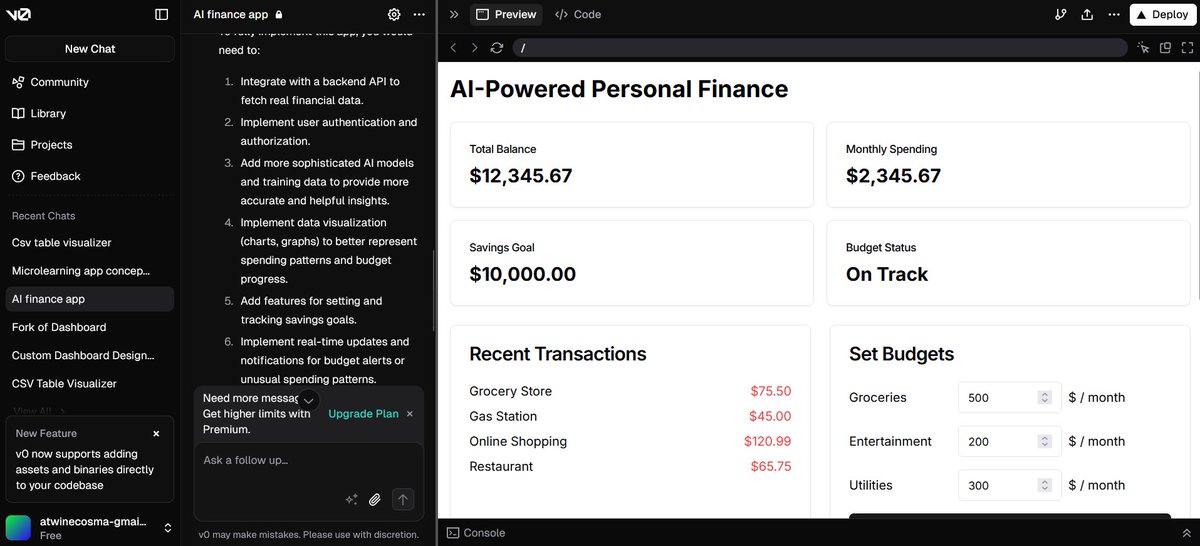 CosyGmxIV's tweet image. Built two AI-powered apps using V0.dev during my #AiSK journey!

💰 AI Finance App → Tracks expenses &amp;amp; helps budget smarter
📚 Microlearning App → Delivers bite-sized, AI-personalized lessons
AI is revolutionizing productivity! #AI #V0dev #Tech #NoCode