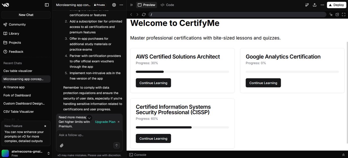 CosyGmxIV's tweet image. Built two AI-powered apps using V0.dev during my #AiSK journey!

💰 AI Finance App → Tracks expenses &amp;amp; helps budget smarter
📚 Microlearning App → Delivers bite-sized, AI-personalized lessons
AI is revolutionizing productivity! #AI #V0dev #Tech #NoCode