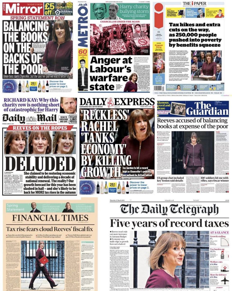 Rachel Reeves’ Spring Statement is a disaster:
💸 Record tax hikes.
📉 Growth halved.
💰 Welfare costs up, benefits cut.
🚨 250,000 more in poverty.

Labour’s incompetence is hurting hardworking families and businesses. Britain deserves better!

#LabourFail #EconomicCrisis