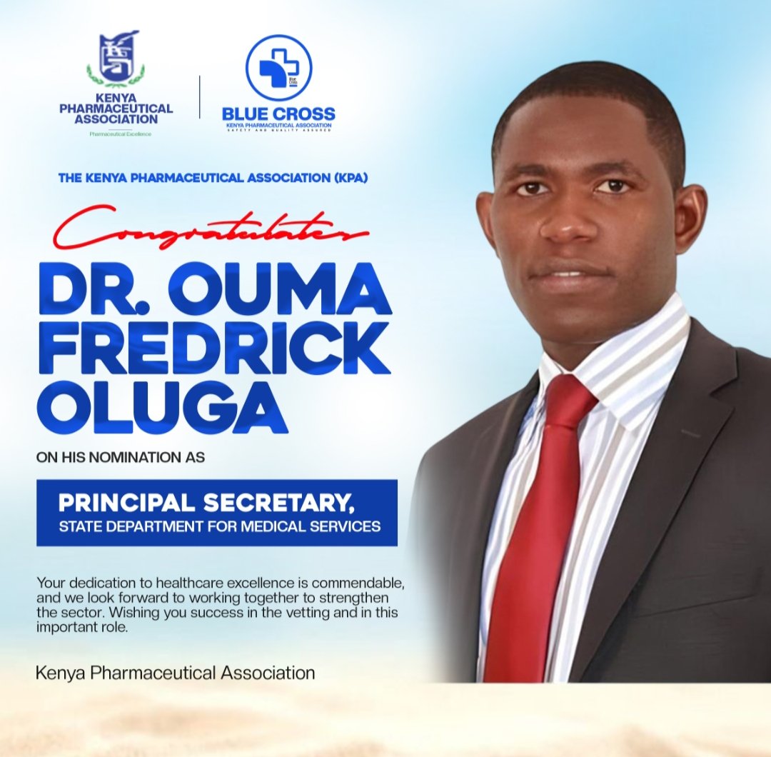 KenyaKpa's tweet photo. Congratulations, Dr. Ouma Fredrick Oluga!

The Kenya Pharmaceutical Association (KPA) celebrates your nomination as Principal Secretary, State Department for Medical Services. 
@fnoluga @ESedah @EGichane @elo_mapelu @cjohul @bdulloh86 @elo_mapelu @dennisKetone @nevatheIcon https://t.co/k5YvlSRzYa
