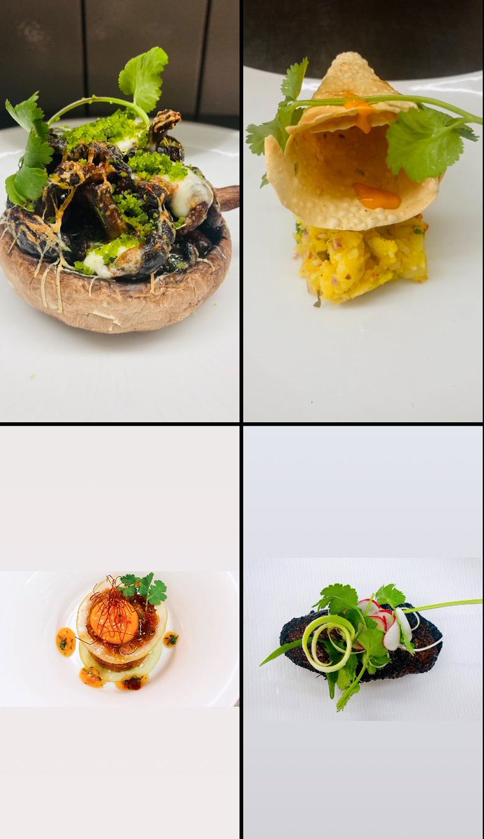 -Stuffed Portobello
-Masala Aloo Papad
-Spicy Beef Tartare 
-Asian Duck Breast