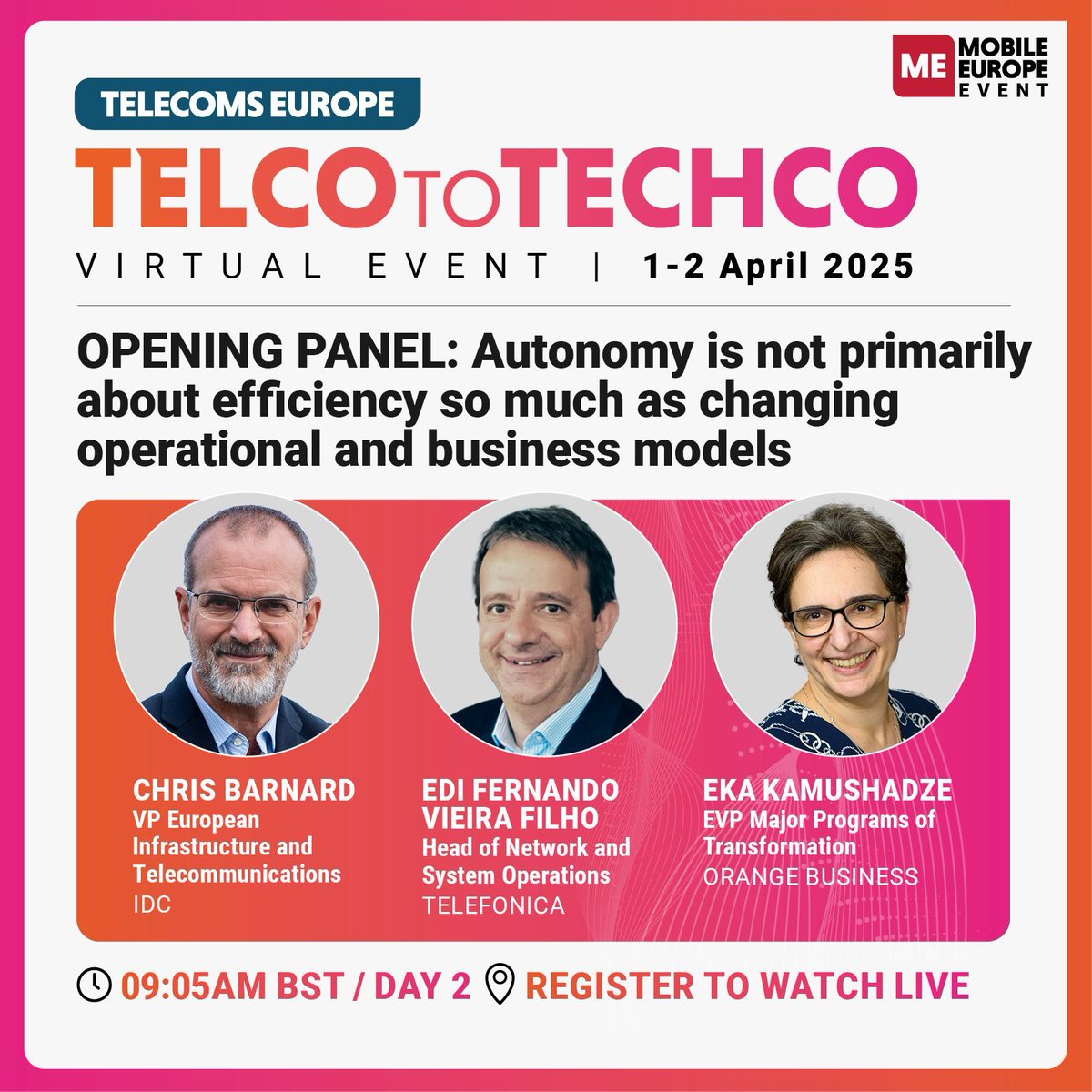 📣 Take a look to our opening panel at the second day of #TelcoToTechCo2025

Learn with <a href="/cbarnard_IDC/">Chris Barnard</a> , Eka Kamushadze and Edi Fernando Vieira Filho how automation is creating new opportunities for growth 💡

Stay informed ➡️buff.ly/rBNXyxK

#Automation #Business #B2B