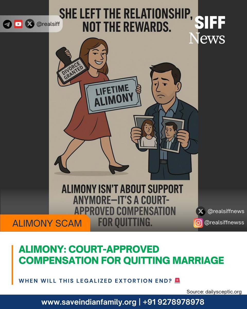 realsiffnews's tweet photo. 💰 She left the relationship, not the rewards.
Alimony isn’t about support anymore—it’s court-approved compensation for quitting.
When will this legalized extortion end? 🚨
#BanAlimony #1CroreAlimony #ToxicFeminism https://t.co/pO7zOrShlb