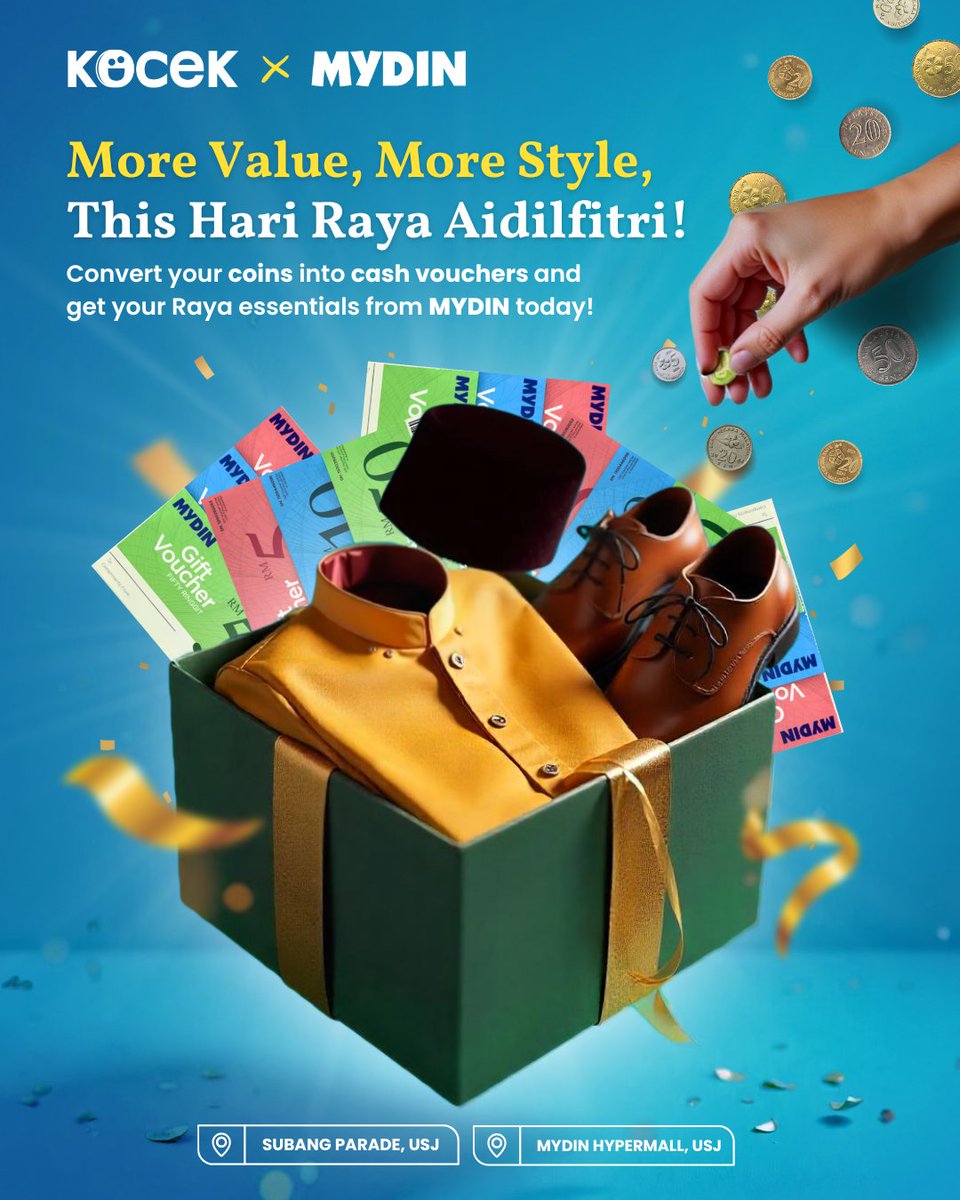 More Value, More Style this Raya! 🌙✨

Turn your spare coins into MYDIN cash vouchers &amp; shop stress-free for all your Raya needs! 💰🎁

💰 Convert your coins today &amp; celebrate Raya in style!

#KOCEKxMYDIN #CoinToVoucher