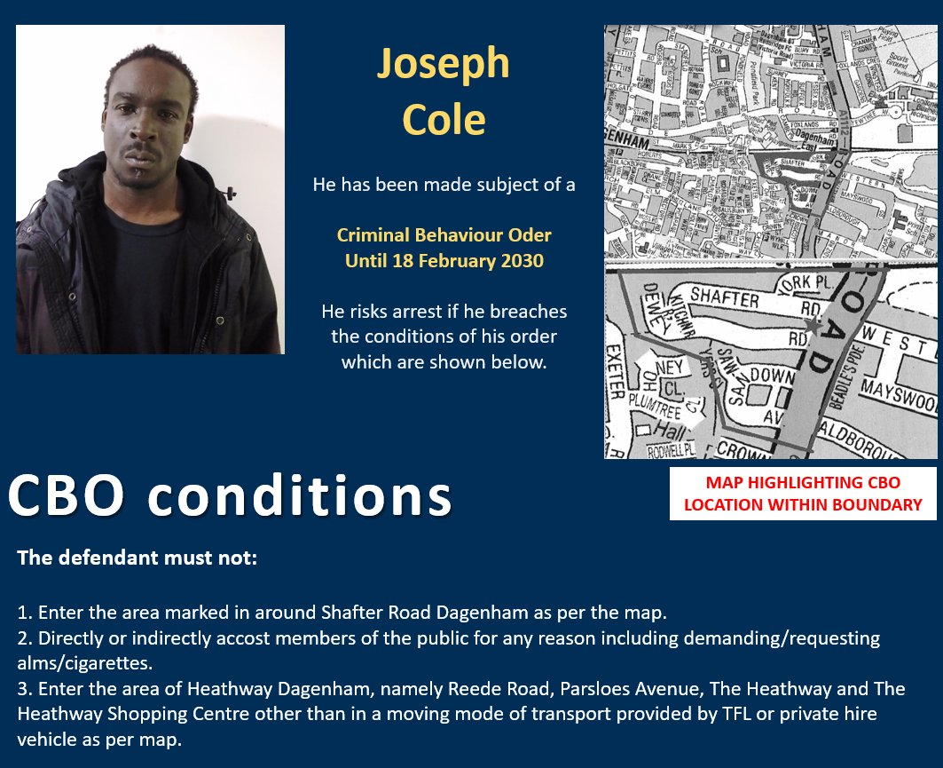 Barking & Dagenham MPS (@mpsbarkdag) on Twitter photo Joseph Cole, 39, from Barking was issued a #CBO on 19 Feb 2025 at Romford Magistrates Court, which will remain in place for 5 years. His behaviour included begging outside shops in the Heathway, Dagenham.
<a href="/HaveringDaily/">The Havering Daily</a> <a href="/lbbdcouncil/">Barking and Dagenham Council</a> <a href="/BDPost/">The Barking and Dagenham Post</a> <a href="/RomfordRecorder/">Romford Recorder</a> <a href="/mpsdagheathway/">@MPSDagHeathway</a> Joseph Cole, 39, from Barking was issued a #CBO on 19 Feb 2025 at Romford Magistrates Court, which will remain in place for 5 years. His behaviour included begging outside shops in the Heathway, Dagenham.
<a href="/HaveringDaily/">The Havering Daily</a> <a href="/lbbdcouncil/">Barking and Dagenham Council</a> <a href="/BDPost/">The Barking and Dagenham Post</a> <a href="/RomfordRecorder/">Romford Recorder</a> <a href="/mpsdagheathway/">@MPSDagHeathway</a>