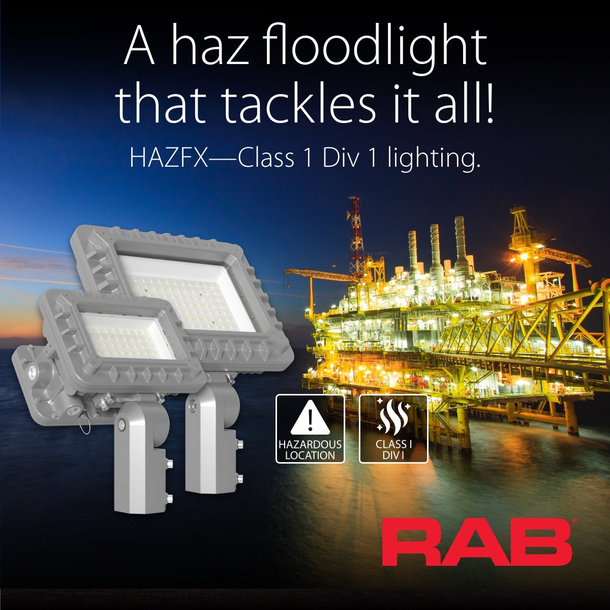 Introducing HAZFX: The ultimate floodlight for tough environments. Safe from 30W to 200W, it shines in flammable and dusty areas. With 5000K precision, wide coverage, and flexible mounting, HAZFX lights up hazardous spaces. Learn more: hubs.ly/Q03dBHsT0 #RABLighting