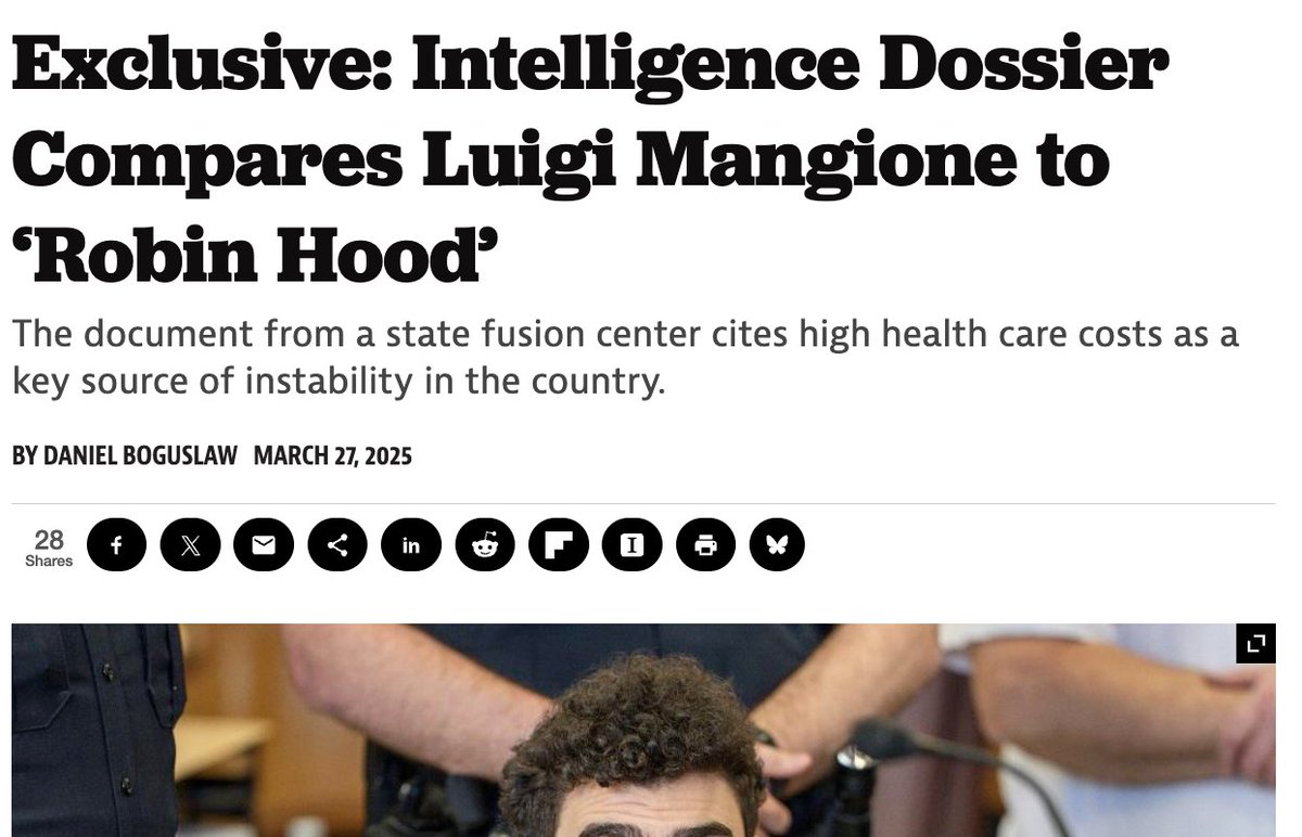 BREAKING: An intelligence report I obtained describes Luigi Mangione as Robin Hood and also acknowledges rising healthcare costs are a national security issue.