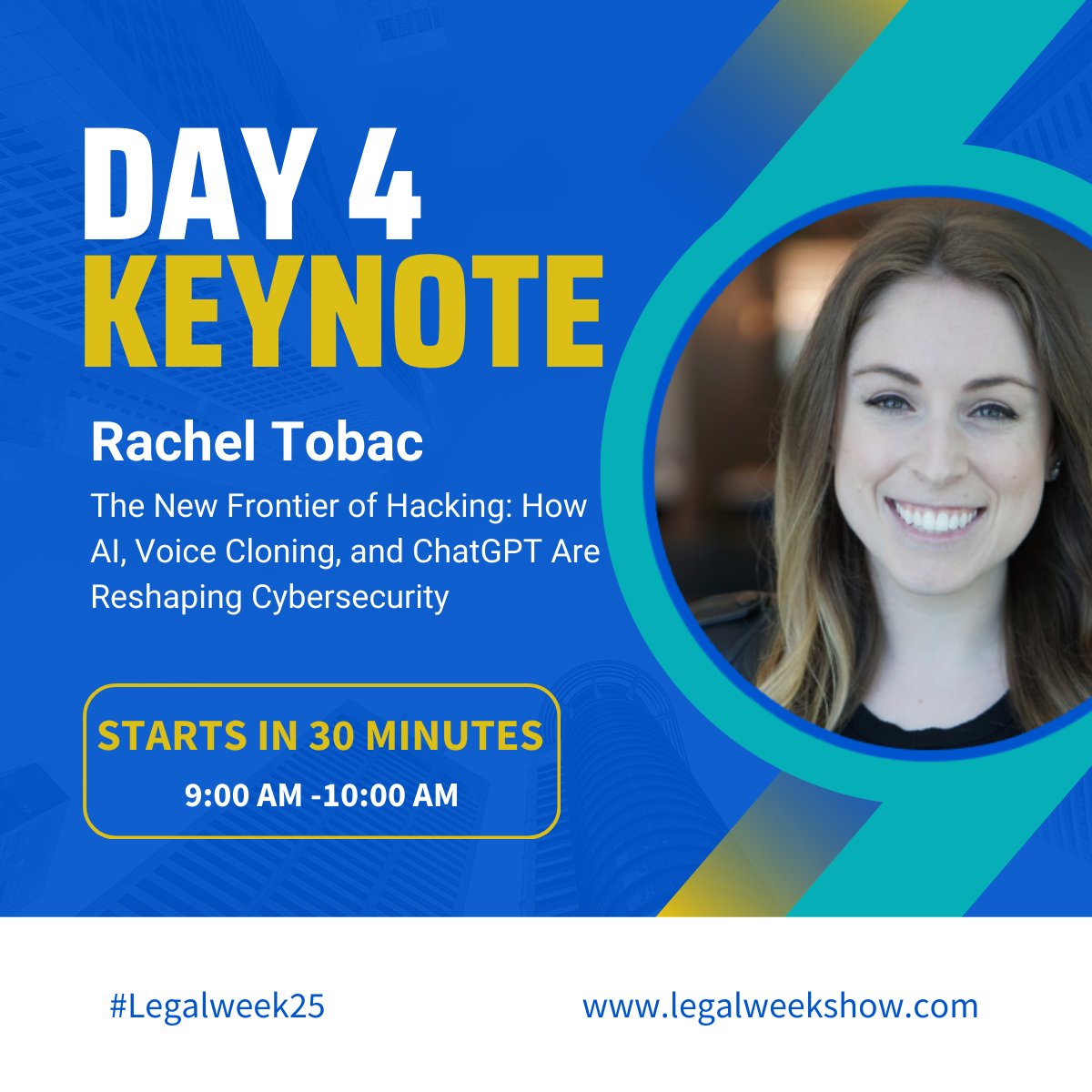 Legalweek Show (@legalweekshow) on Twitter photo ⏳ Countdown is on! The Day 4 Keynote starts in 30 min. Join us for Rachel Tobac & actionable insights to transform your practice! Be there. 🎤 #LegalInnovation #Legalweek25 ⏳ Countdown is on! The Day 4 Keynote starts in 30 min. Join us for Rachel Tobac & actionable insights to transform your practice! Be there. 🎤 #LegalInnovation #Legalweek25
