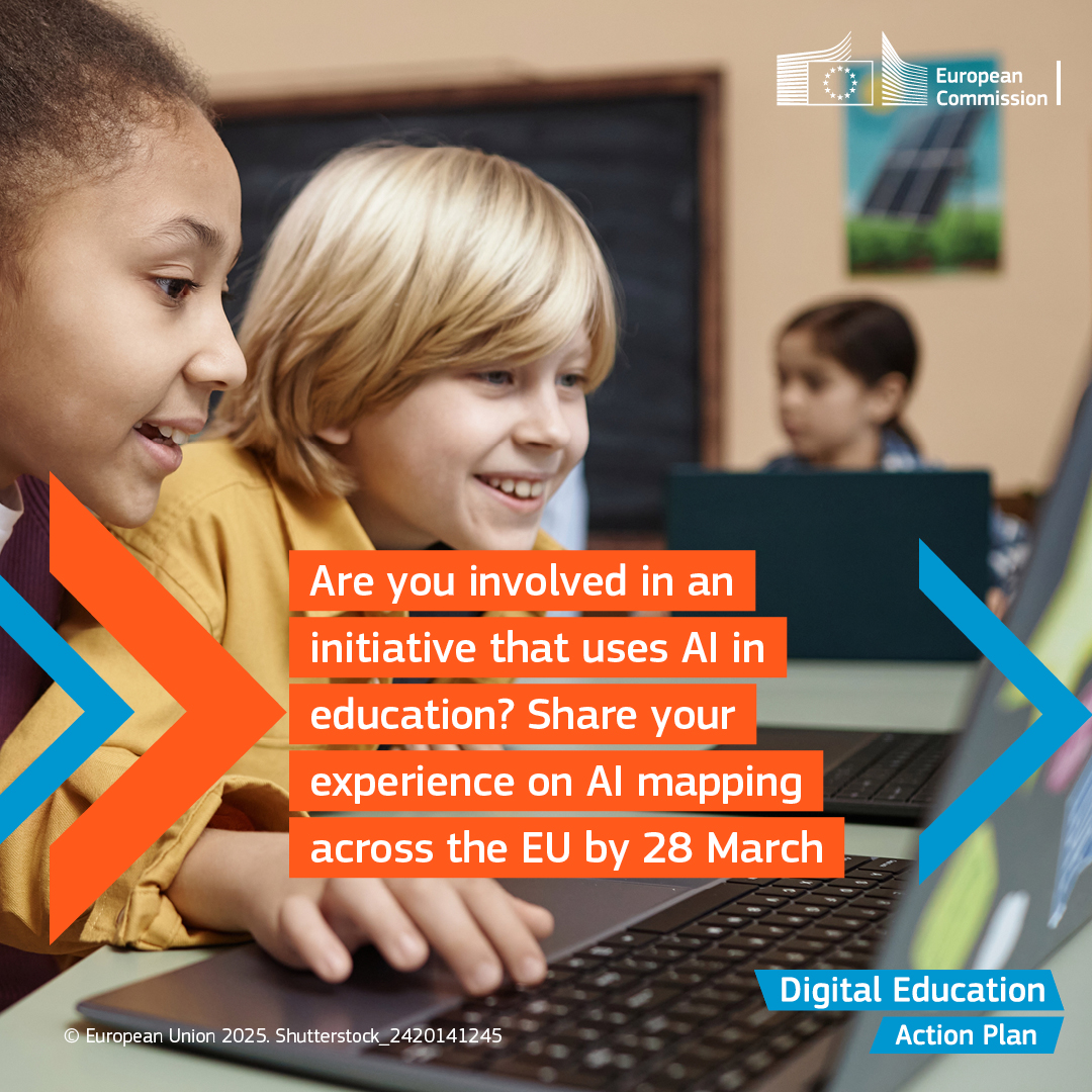 ⏰ Last chance to share your experience on the use of #AI in education! ⏰

We would love to hear from you. Your responses will help us map innovative uses of AI across the EU and inform future policies!

📝 Fill in the survey by 28 March here: 
🔗 europa.eu/!d9p77b