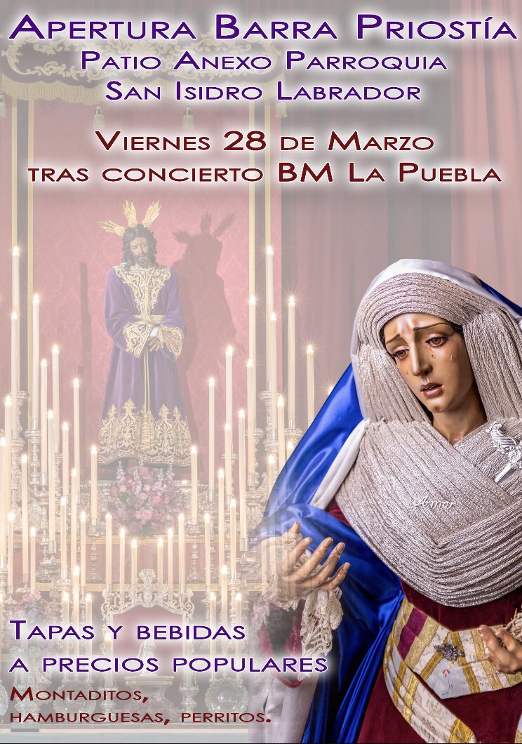 Mañana tras el concierto de <a href="/BM_LaPuebla/">BM La Puebla</a> en nuestra <a href="/HdadPinoMontano/">Hdad. Pino Montano</a>,  se abrirá la barra del patio de la parroquia por el grupo de Priostia. Os esperamos!!!