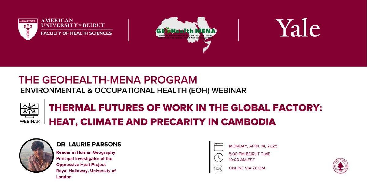 GEOHealth MENA (@geohealth_mena) on Twitter photo Join us for our upcoming EOH webinar with Dr. Laurie Parsons on "Thermal Futures of Work in the Global Factory: Heat, Climate and Precarity in Cambodia".
Open to all!
Email geohealth.mena@yale.edu for the Zoom link. Join us for our upcoming EOH webinar with Dr. Laurie Parsons on "Thermal Futures of Work in the Global Factory: Heat, Climate and Precarity in Cambodia".
Open to all!
Email geohealth.mena@yale.edu for the Zoom link.
