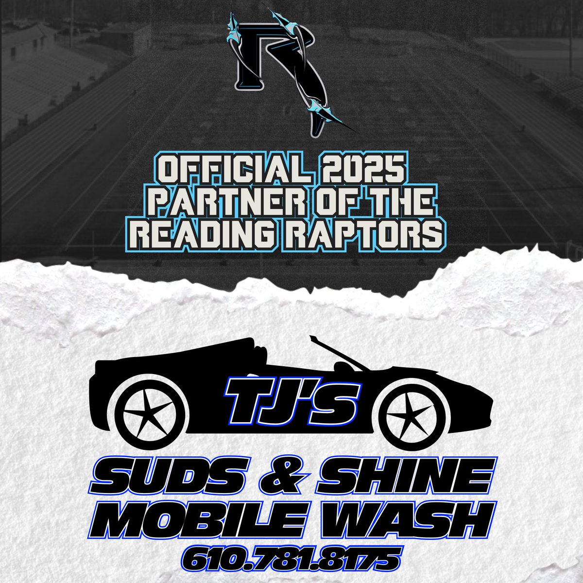 PARTNERSHIP ANNOUNCEMENT! 

We are proud to have partnered up with TJ’s Suds and Shine Mobile Wash this season! 

We are grateful for their support, and we look forward to working with them! 

#readingpa #localsports #sponsorship #readingraptors #football #carwash #mobilewash
