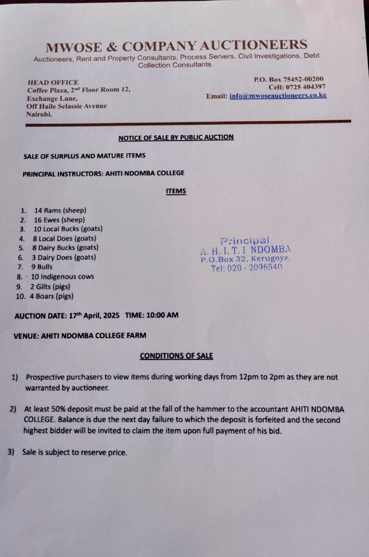 Members of the public are cordially invited to our public auction, to be held on AHITI NDOMBA Farm onThursday, 17th April, 2025 from 10:00AM.