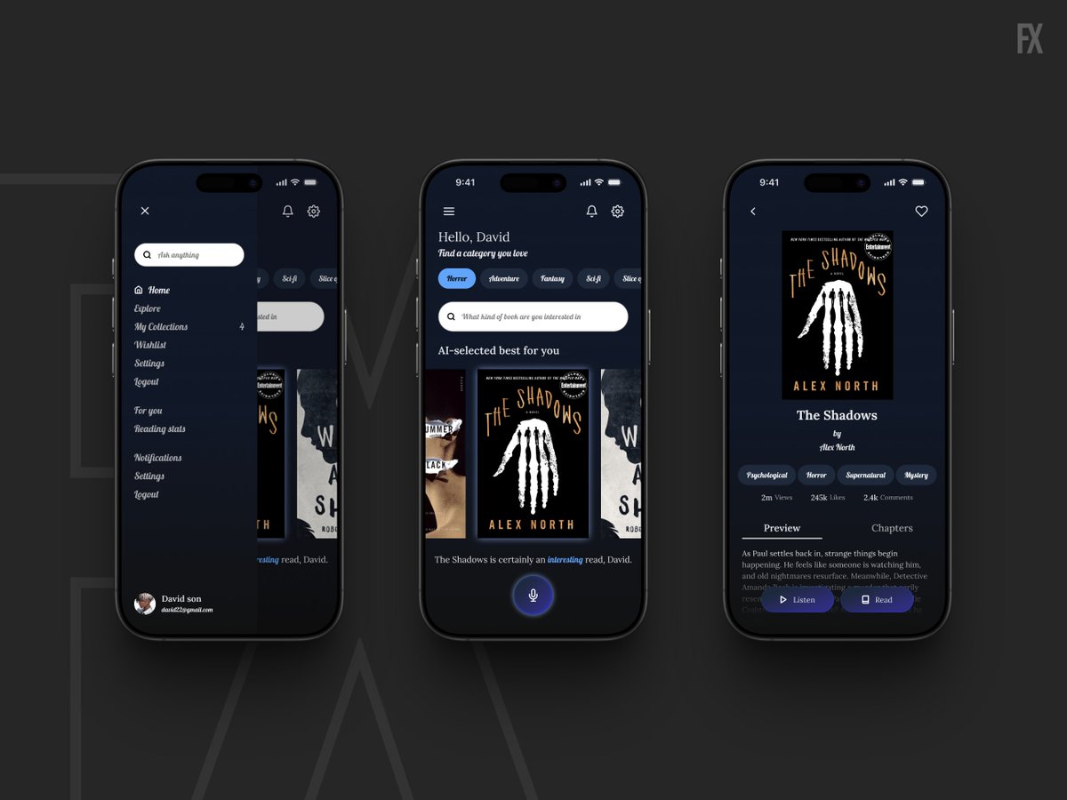 cevanamaechi's tweet image. &quot;Not all books should be read at night...&quot;

Imagine an AI-powered book discovery app that knows what will keep you on the edge of your seat. This dark, immersive book app design is built for those who crave eerie thrillers and mind-bending mysteries.

#UIDesign #UXDesign #BookApp