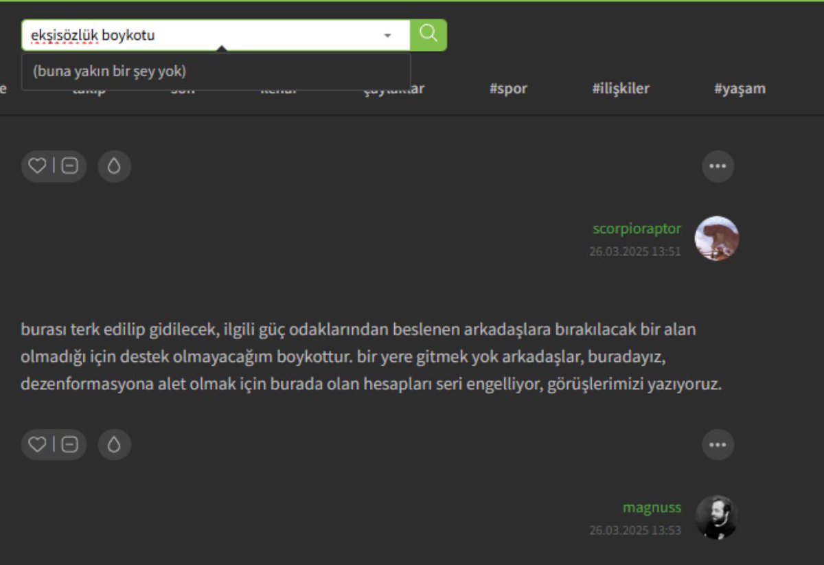 Bakın ekşisözlük #ekşisözlükboykot başlığını gizlemiş. Aramalarda çıkmıyormuş. <a href="/herkesicinCHP/">CHP 🇹🇷</a> bu mecrayı boykot listesine al. 70 milyon trafiği var. Her türlü kampanya ve operasyon burada seküler görünümle başlatılıyor. "devlet imamoğlunu istemiyor" savı da ilk burdan çıktı.