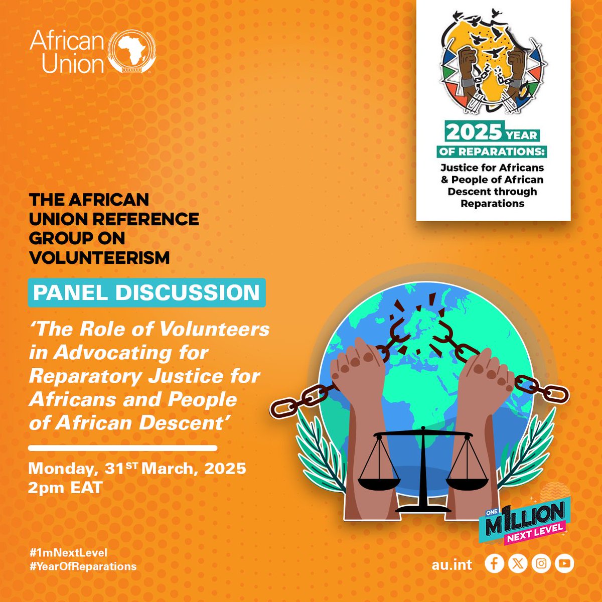 The AU designated 2025 as the #YearOfReparations.

Join us next week for an insightful discussion on the role of volunteers in advocating for reparatory justice for Africans &amp; people of African descent, in line w/ the AU theme of the year.

Register ➡️shorturl.at/mUO0i