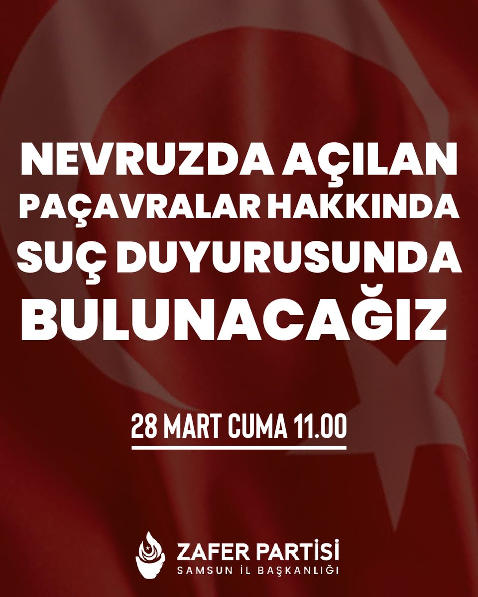 Yurdun çeşitli yerlerindeki sözde Nevruz kutlamalarında bölücü örgüt paçavrası ve teröristbaşı öcalan pankartı açanlar hakkında suç duyurusunda bulunacağız.

Suç duyurusunda bulunmak isteyenleri yarın 11.00'de Samsun Adliyesine bekleriz.
