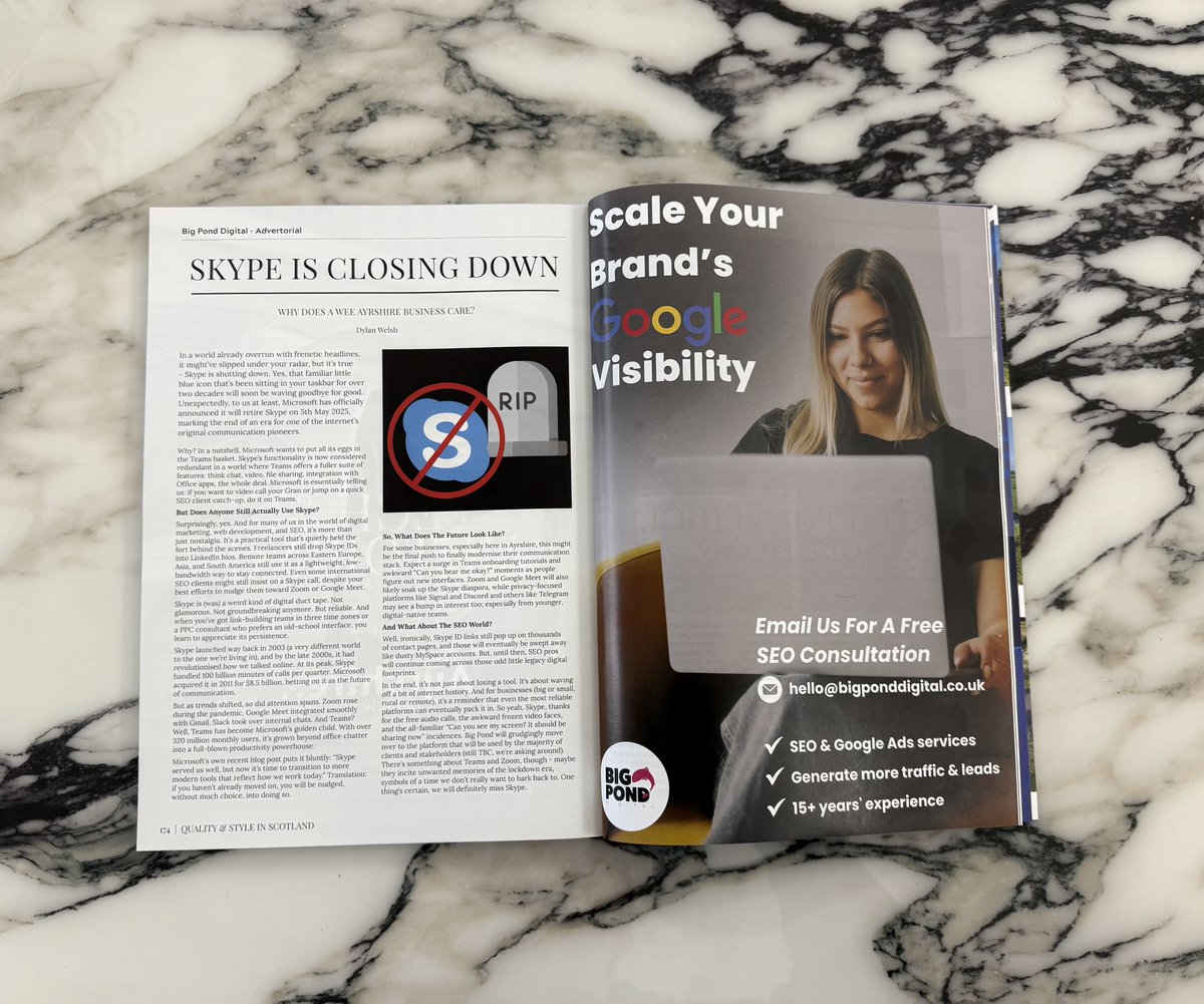 We used our space in this edition of <a href="/theayrshiremag/">ayrshiremagazine</a> to pay tribute to Skype ahead of its unfortunate May closure🪦
Read our eulogy for the platform online: 
📖 ayrshiremagazine.com/category/issue…

#Skype #SEO #Ayrshire #Scotland