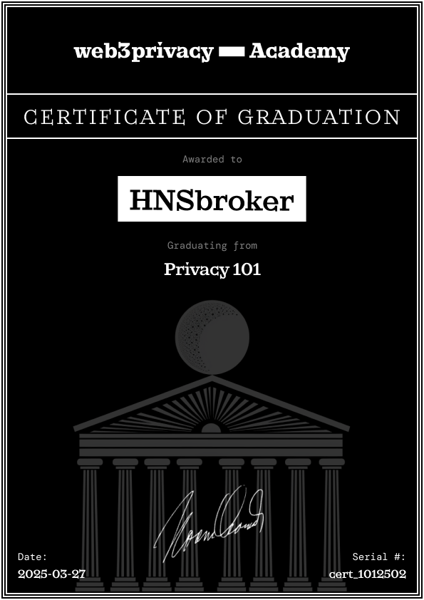 I graduated from the #Web3Privacy Academy and received my certificate! 

You can also enroll for free at academy.web3privacy.info.

Back to school anon!