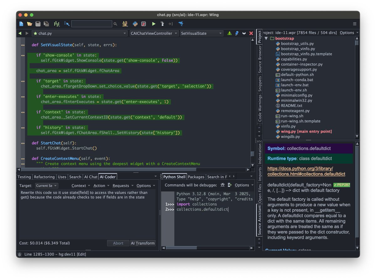pythonide's tweet image. Wing Python IDE version 11 beta 1 is now available for early access, with improved AI assisted development, support for package management with uv, improved Python code analysis, updated localizations, and more: wingware.com/wingide/early #python #pythonlanguage #AIDeveloper