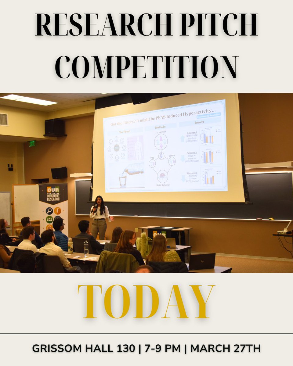 Purdue Undergraduate Research (@purdueour) on Twitter photo Attend the Research Pitch Competition tonight (3/27) from 7-9 p.m. in GRIS 103 to celebrate storytelling from Purdue students across multiple disciplines! The livestream is available, but the audience favorite is chosen by those in person. Presenter list: purdue.edu/undergrad-rese… Attend the Research Pitch Competition tonight (3/27) from 7-9 p.m. in GRIS 103 to celebrate storytelling from Purdue students across multiple disciplines! The livestream is available, but the audience favorite is chosen by those in person. Presenter list: purdue.edu/undergrad-rese…