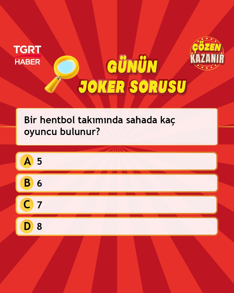 İşte Çözen Kazanır’da ödülleri kazandıracak günün sorusu!

Birinciye “Evinizin havasını değiştirecek Gümüşsuyu Halı’dan 5000 TL’lik hediye çeki”, ikinciye 2.000 TL, üçüncüye ise 1.000 TL nakit para ödülü.

Çözen Kazanır hafta içi her gün saat 21.00’de TGRT Haber'de.

#işbirligi