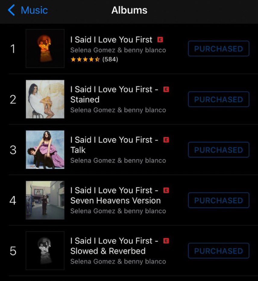 SGchartupdate's tweet photo. 🚨 Selena Gomez is occuping the entire top 5 on iTunes US albums with versions of “I Said I Love You First”. https://t.co/EWuIAlwuLt
