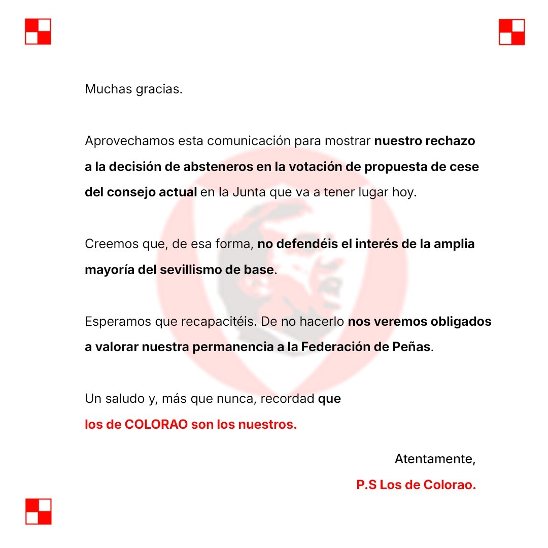 Muchas gracias

Aprovechamos la felicitación para mostrar nuestro rechazo a la decisión de absteneros en la votación de la propuesta de cese del actual consejo de administración en la JGE de esta tarde

Ahora más que nunca, los de COLORAO son los Nuestros
