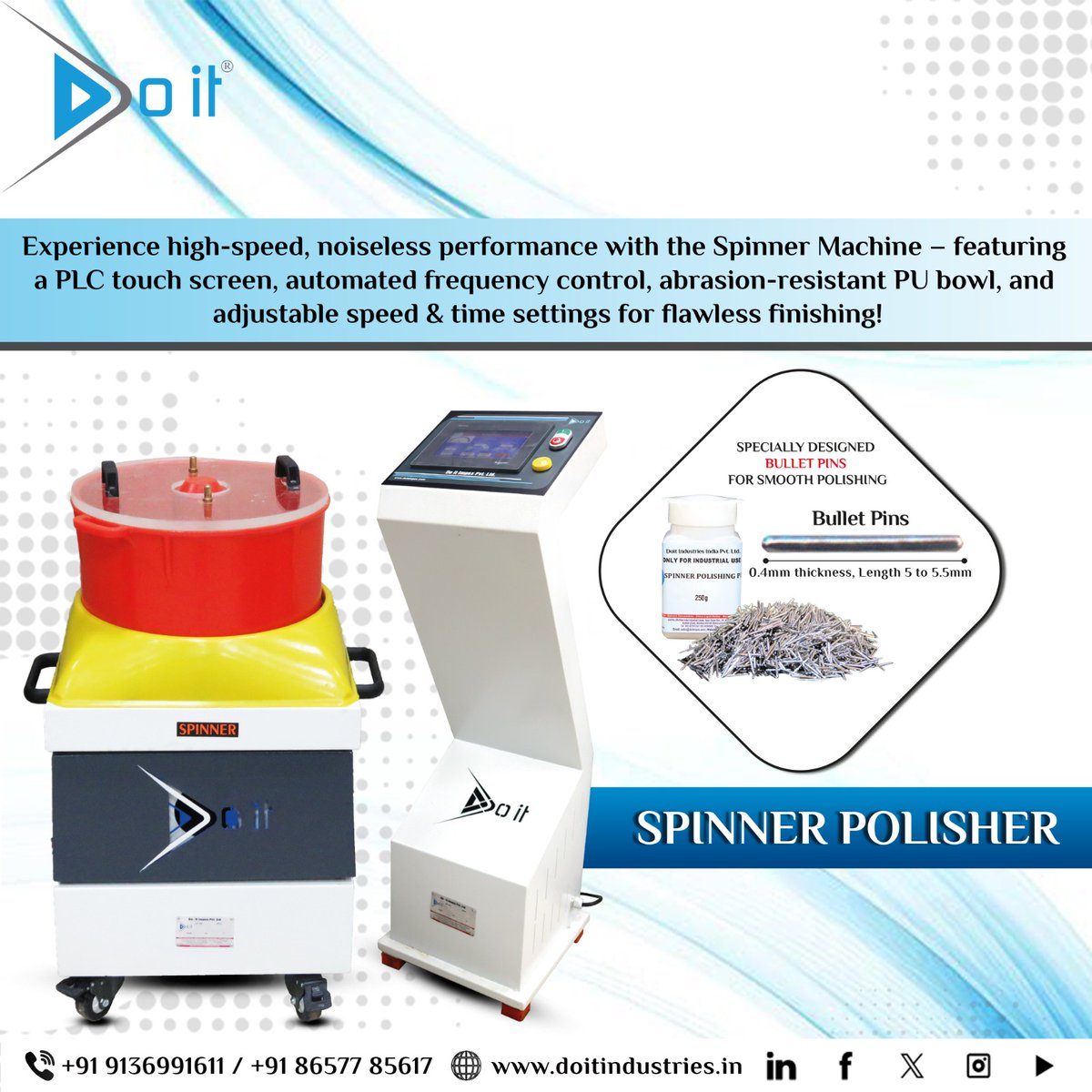 Doit_Industries's tweet image. Experience high-speed, noiseless polishing with the Spinner Machine! Equipped with an automated frequency system, PLC touch screen, and a durable PU bowl for consistent results.

#spinnerpolisher #jewelrypolishing #DoitIndustries #BulletPins #JewelryManufacturing