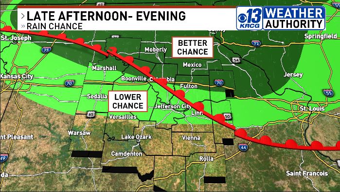 Not all of #midmo will see rain today but this morning there is a band of showers/ storms moving through north-northeast MO. Late today a few storms could develop as a warm front lifts north. The best chance this evening is along and north of I-70.