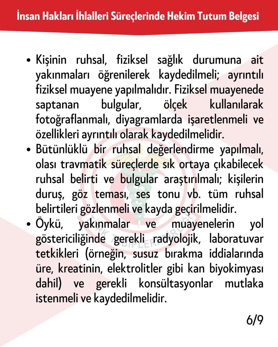 📌 Kişinin ruhsal, fiziksel sağlık durumuna ait yakınmaları öğrenilerek kaydedilmeli; ayrıntılı fiziksel muayene yapılmalıdır. Fiziksel muayenede saptanan bulgular, ölçek kullanılarak fotoğraflanmalı, diyagramlarda işaretlenmeli ve özellikleri ayrıntılı olarak kaydedilmelidir.