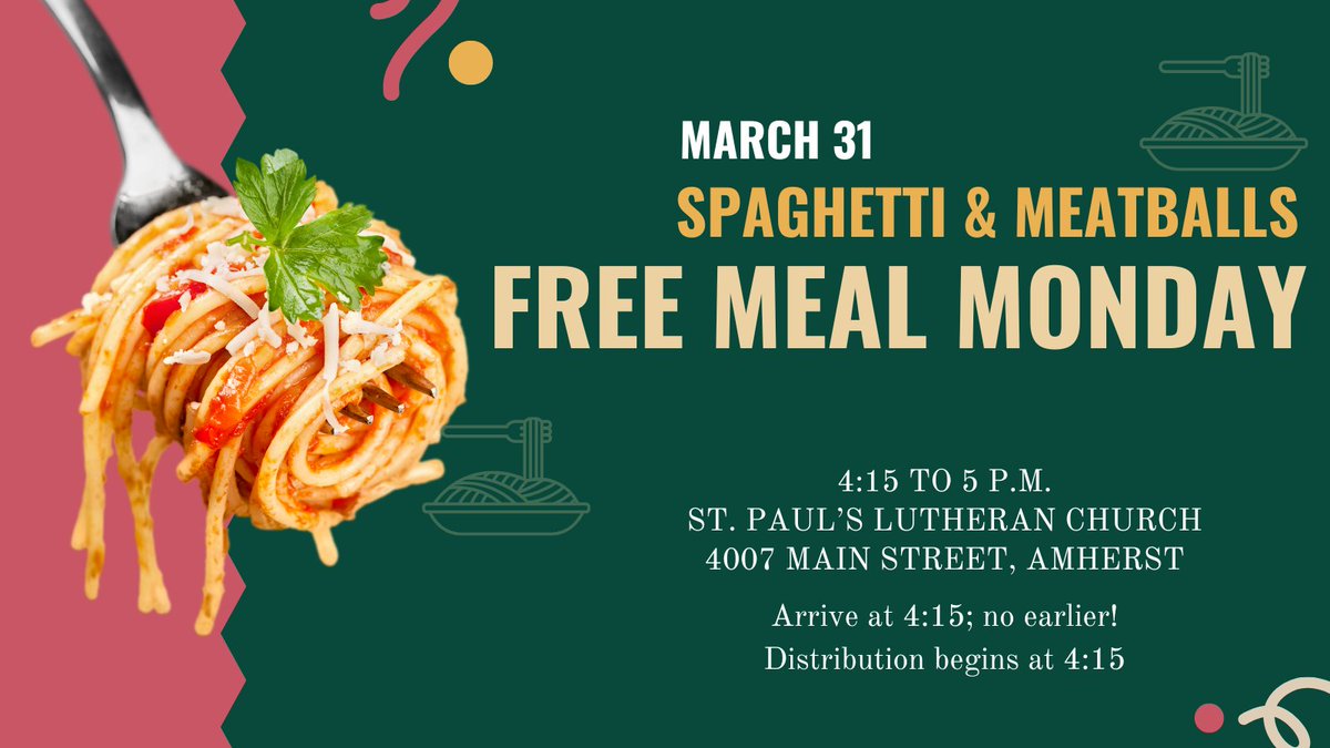 Spaghetti, meatballs and Italian veggies are on the menu for Monday's Free Meal. Stop by between 4:15 and 5 p.m. for a meal. St. Paul's Lutheran Church, 4007 Main Street.