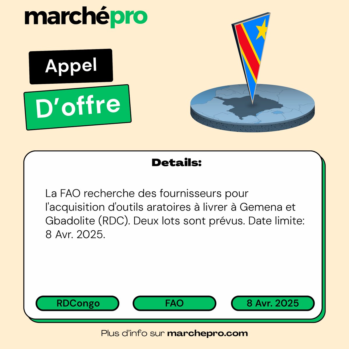 Acquisition d'outils aratoires en deux lots pour la RDC.

Lien: marchepro.com/offre/47925734
#RDCongo #Kinshasa