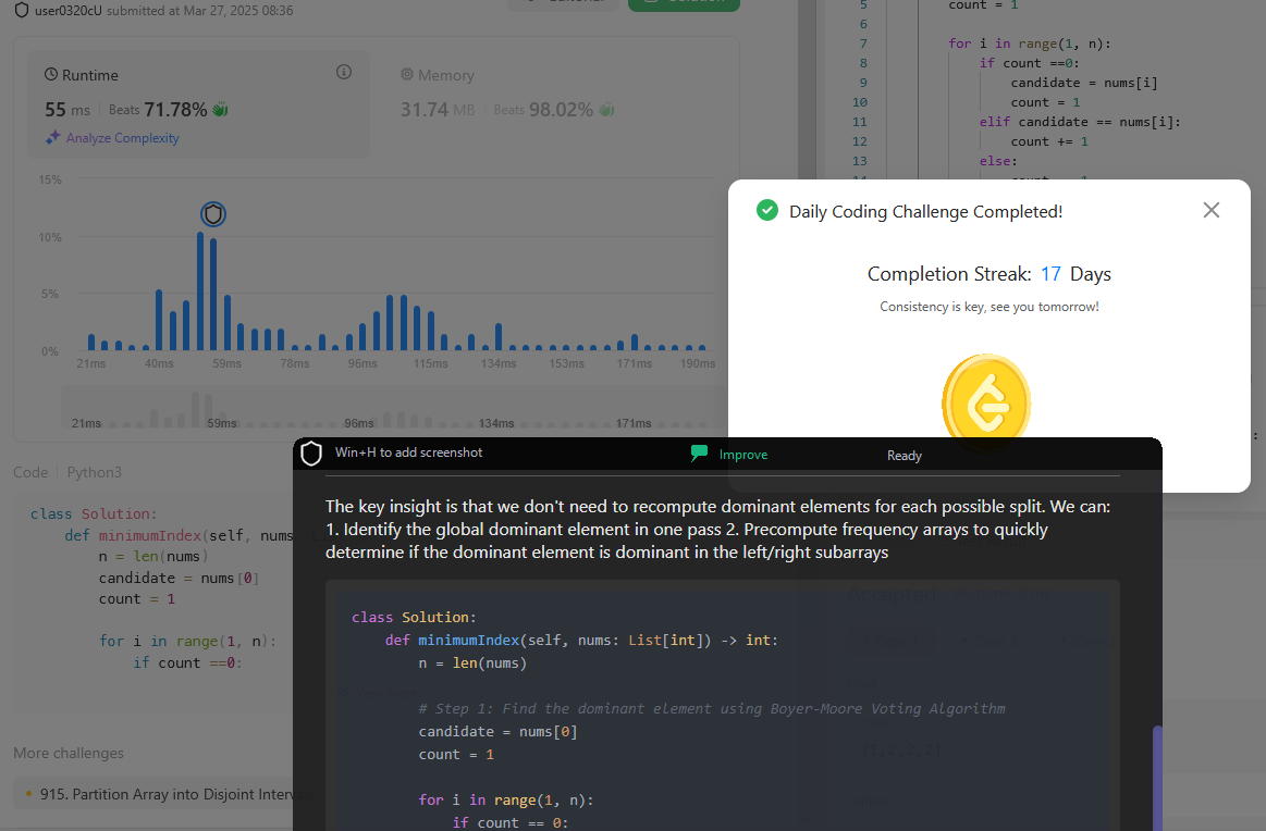 Today, my solution used 6 lines of comments! How many do you think an interviewer would want to see? 🤔

What do you think is a good number for yourself? ✨

The problem of the day wasn't exactly short to code, but if you can find a 'Key Insight' then it's easy to keep your focus