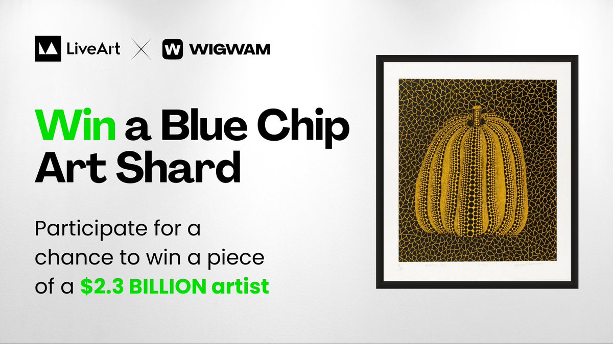 LiveArtX's tweet photo. 🔥 Giveaway alert

Celebrating our partnership with @wigwam_app — MPC-secure wallet with swaps & rewards. Join the raffle to win exclusive art by a multi-billion-dollar artist!

• Caption this and reply with your wallet address
• QT/RT this post to enter
• Must be following both @LiveArtX & @wigwam_app

🎁 5 winners will be airdropped an Art Shard featuring RWA by global artist Yayoi Kusama

➡️ Explore Art Shards: https://t.co/3W8FFBs3So