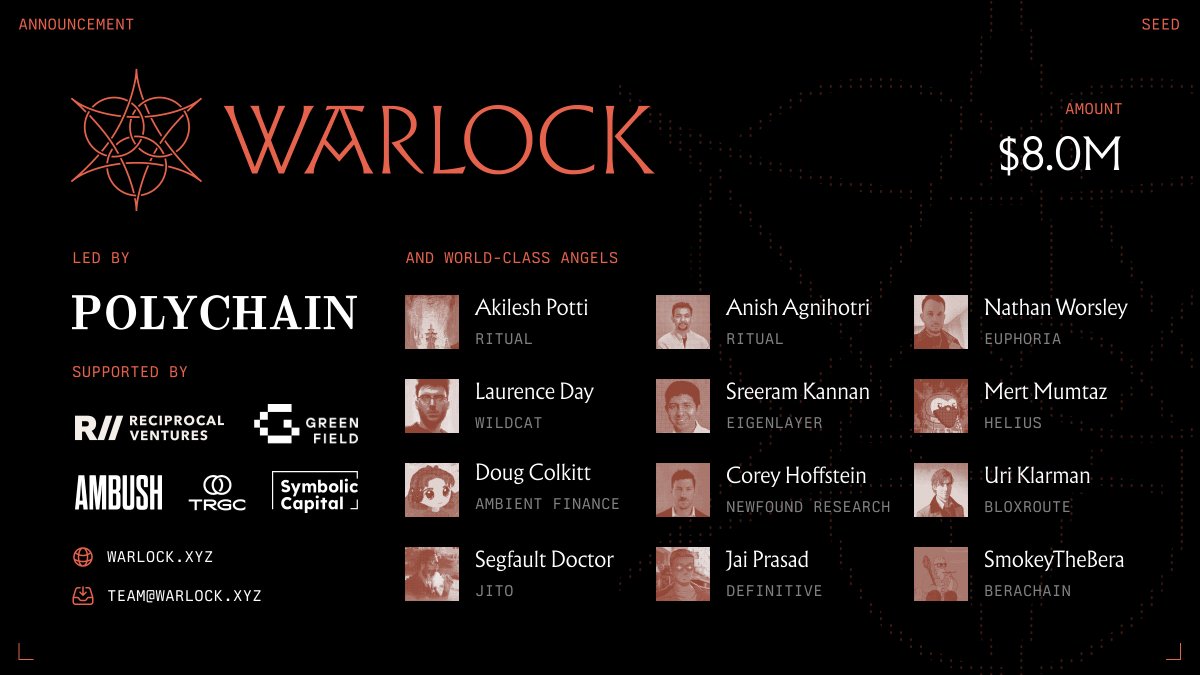 Warlock (@warlock_xyz) on Twitter photo We are excited to announce our $8M seed round, led by <a href="/polychain/">Polychain</a> with participation from <a href="/greenfield_cap/">Greenfield Capital</a>, <a href="/trgcapi/">TRGC</a>, <a href="/recvcx/">Reciprocal Ventures</a>, <a href="/symbolicvc/">Symbolic Capital</a>, and <a href="/AmbushCapital/">Ambush Capital</a> to disintermediate the MEV landscape. We are excited to announce our $8M seed round, led by <a href="/polychain/">Polychain</a> with participation from <a href="/greenfield_cap/">Greenfield Capital</a>, <a href="/trgcapi/">TRGC</a>, <a href="/recvcx/">Reciprocal Ventures</a>, <a href="/symbolicvc/">Symbolic Capital</a>, and <a href="/AmbushCapital/">Ambush Capital</a> to disintermediate the MEV landscape.