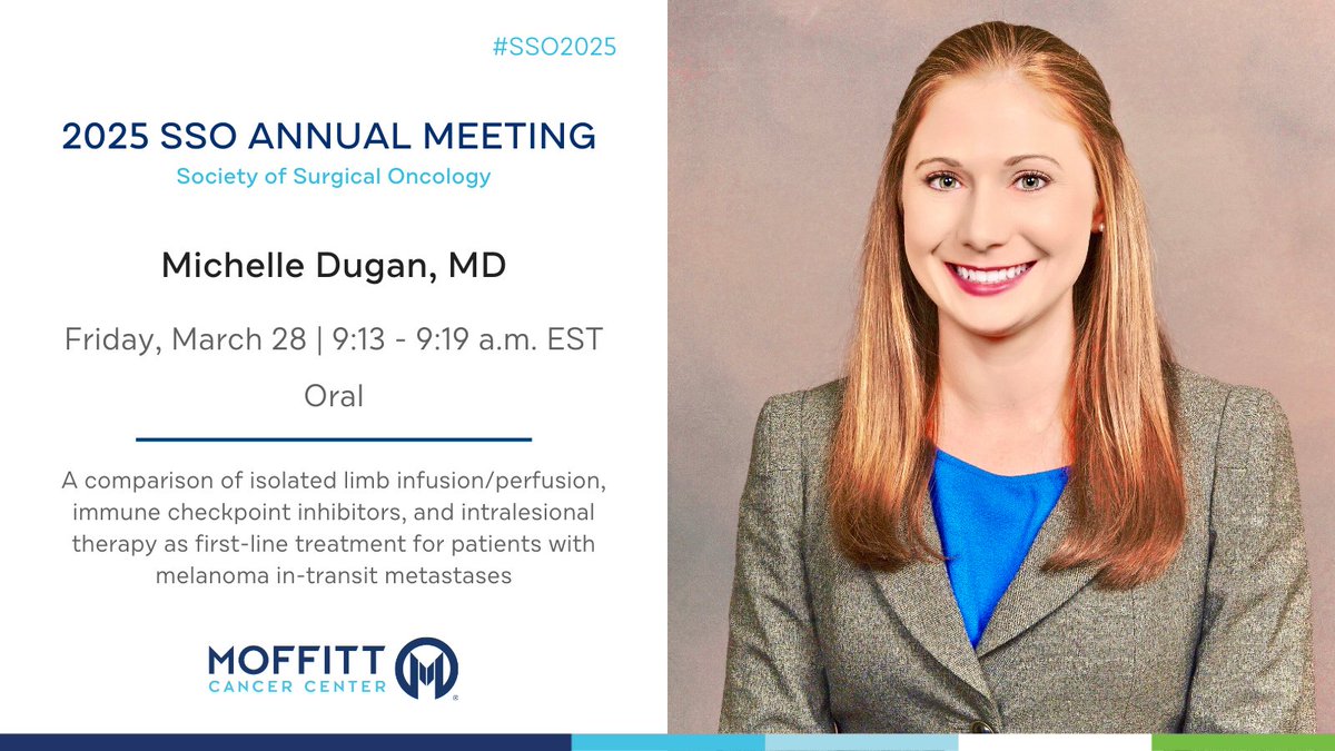 Moffitt Cancer Center (@moffittnews) on Twitter photo Which first-line treatment is most effective for melanoma in-transit metastases? Michelle Dugan, MD, (<a href="/MichelleDuganMD/">Michelle M. Dugan, MD</a>) will compare isolated limb infusion/perfusion, immune checkpoint inhibitors and intralesional therapy tomorrow at #SSO2025.
📍 Room 122-123
#MoffittSSO25 Which first-line treatment is most effective for melanoma in-transit metastases? Michelle Dugan, MD, (<a href="/MichelleDuganMD/">Michelle M. Dugan, MD</a>) will compare isolated limb infusion/perfusion, immune checkpoint inhibitors and intralesional therapy tomorrow at #SSO2025.
📍 Room 122-123
#MoffittSSO25