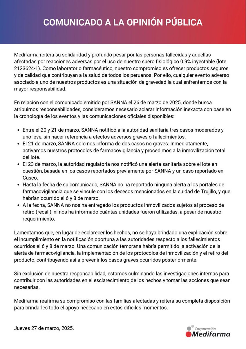 jesusverdeL's tweet photo. LO DE SIEMPRE, MUERE GENTE Y NADIE SE HACE RESPONSABLE. 

El comunicado de #medifarma  tras las  muertes que provoco su suero fisiologico. Todos lamentan, vtodos hacen sus investigaciones y todos quieren safar de sus responsabilidades. https://t.co/xOkEE4NYGS