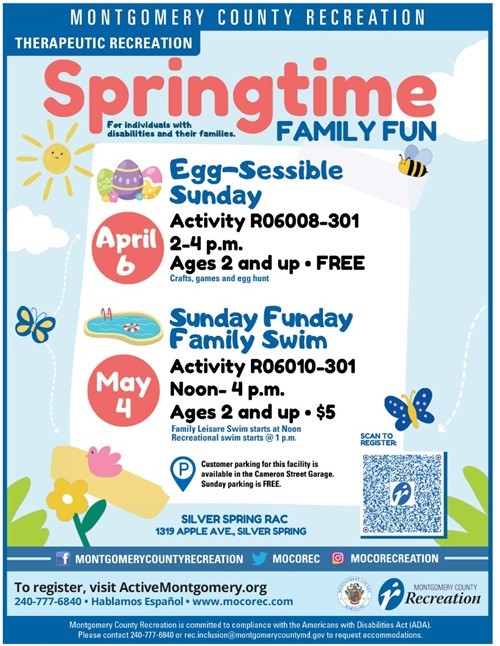 MCPSMDSpecialEd's tweet image. Egg-Sessible Sunday
Sunday, April 6
2:00pm - 4:00pm | FREE Ages 2+ | Activity R06008-301
Crafts, games, and egg hunt
Sunday Funday Family Swim
Sunday, May 4
12:00pm - 4:00pm | $5 Ages 2+ | Activity R06010-301
Family leisure swim starts at Noon. Recreational swim starts at 1pm