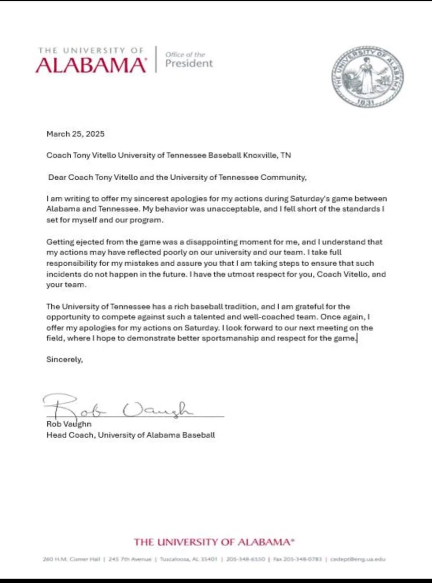 The apology letter from Rob Vaughn to Tony Vitello has been leaked.