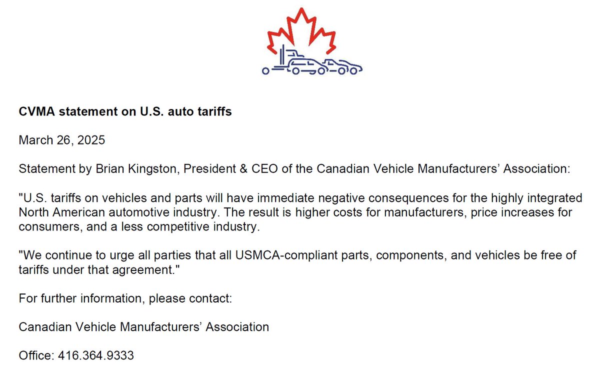 cvma_ca's tweet image. Statement by Brian Kingston, President &amp;amp; CEO of the Canadian Vehicle Manufacturers’ Association, on U.S. auto tariffs: