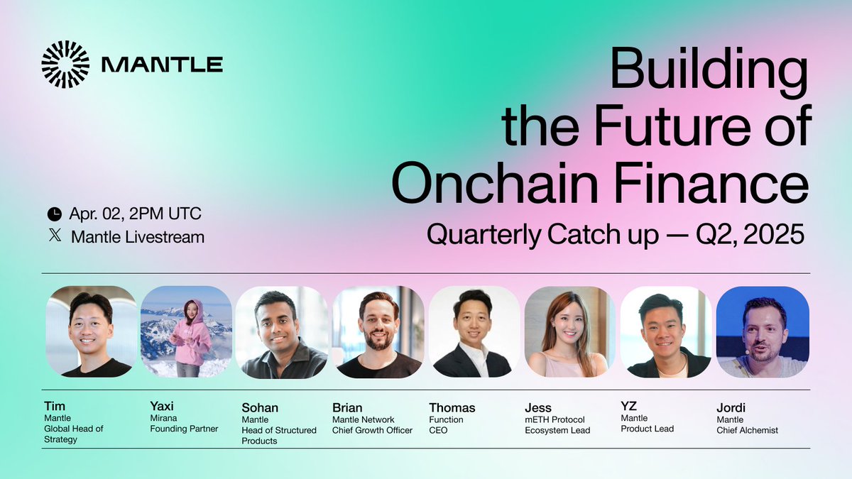 Hear exciting updates on Mantle's innovation pillars in our quarterly livestream on 𝕏!

🗓️ April 2, 2PM UTC

✦ Pre-launch alpha on Mantle Banking, MantleX, &amp; Mantle's Enhanced Index Fund
✦ Key insights and roadmap updates from Mantle Network, <a href="/mETHProtocol/">mETH Protocol</a> &amp; <a href="/FunctionBTC/">Function 🌗</a>
