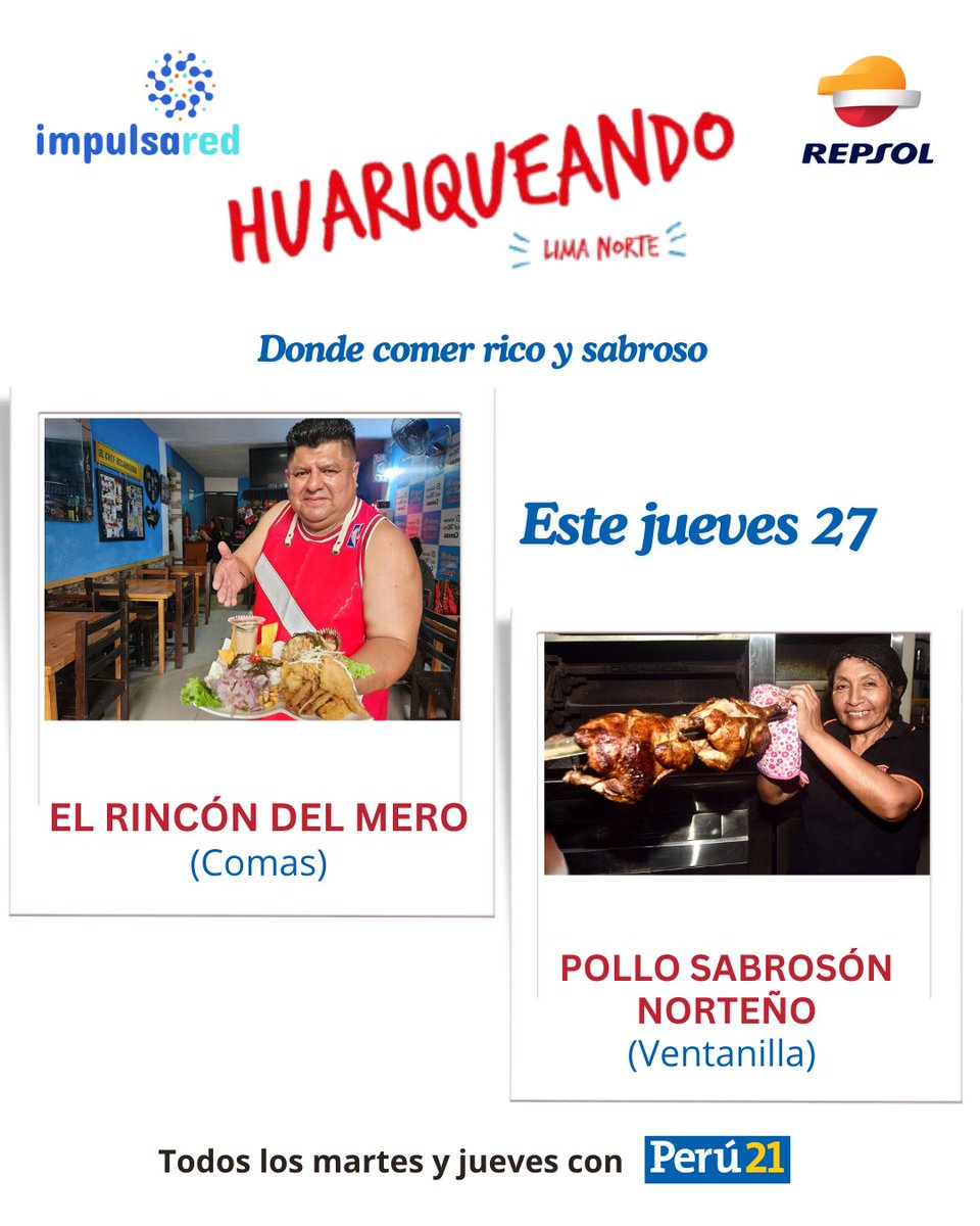 peru21noticias's tweet photo. No te pierdas Huariqueando en Lima Norte este jueves 27 de marzo
Mañana, imperdible el cebiche del Metro ardiente en Comas y el mejor pollo a la brasa de Ventanilla. https://t.co/yJlFDAki5h
Impulsared @Repsol
#HuariqueandoLimaNorte
#Impulsared
#RepsolPerú https://t.co/lWKdtnhyzA